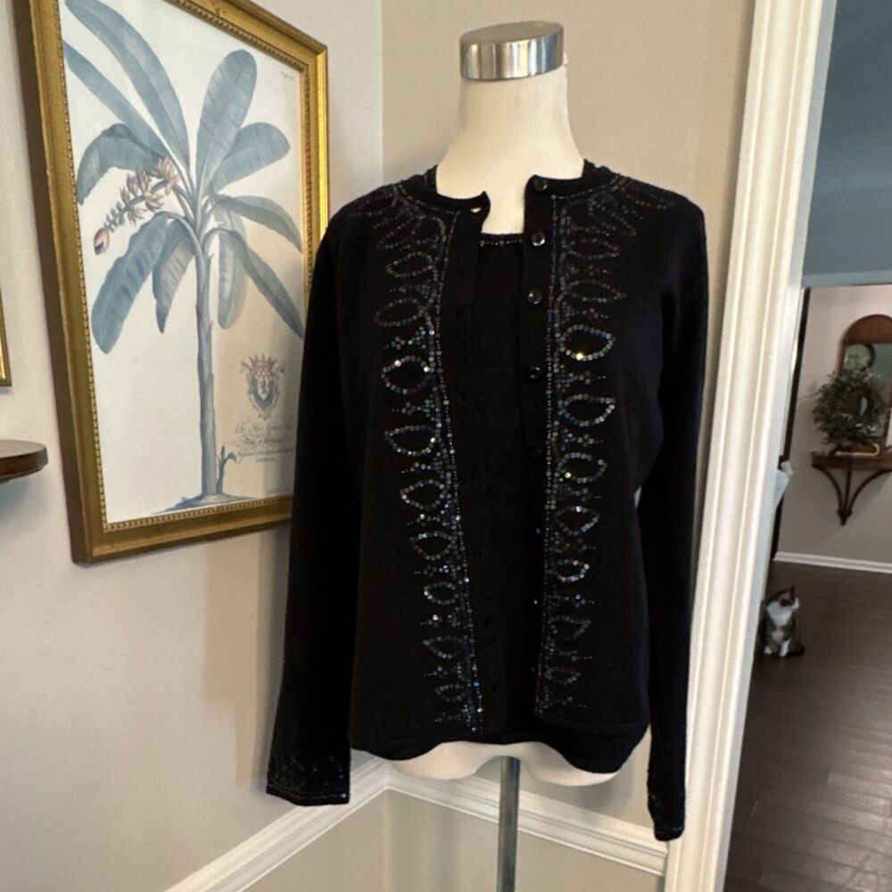 Susan Bristol Women's Black Sequin Cardigan Set Sweater L Long Sleeve